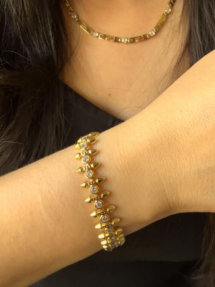 Mermaid Nova Spike Taşlı Gold Bileklik