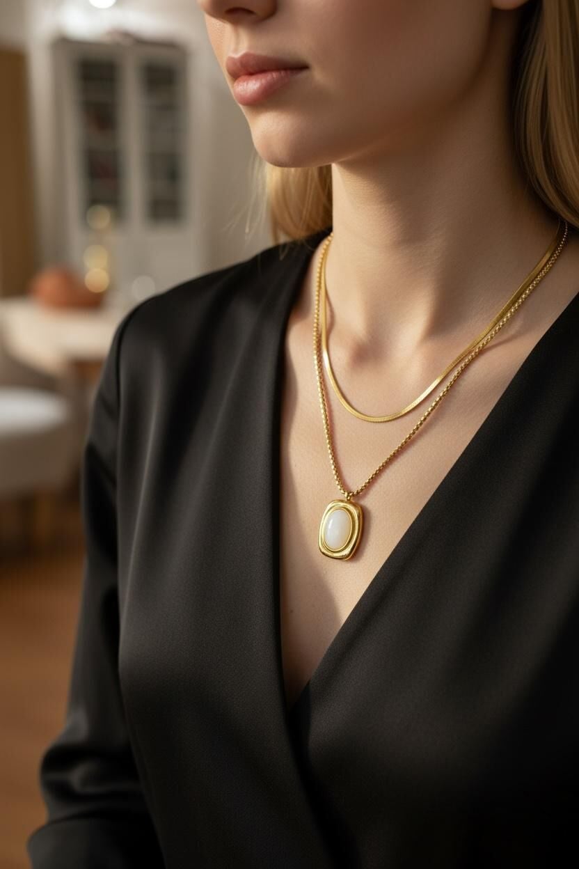 Çelik Sedef Taşlı İkili Kolye