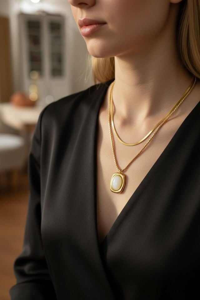 Çelik Sedef Taşlı İkili Kolye